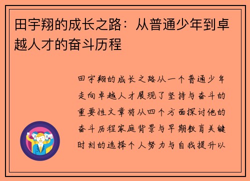 田宇翔的成长之路：从普通少年到卓越人才的奋斗历程