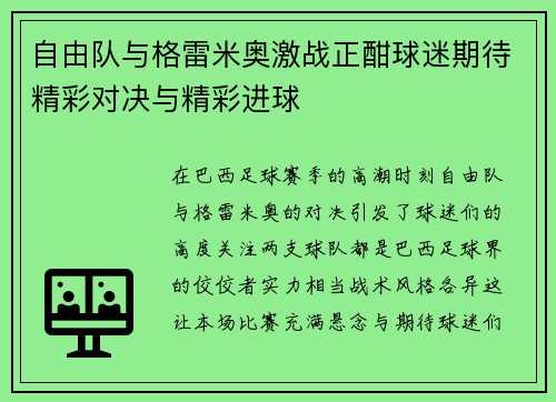 自由队与格雷米奥激战正酣球迷期待精彩对决与精彩进球