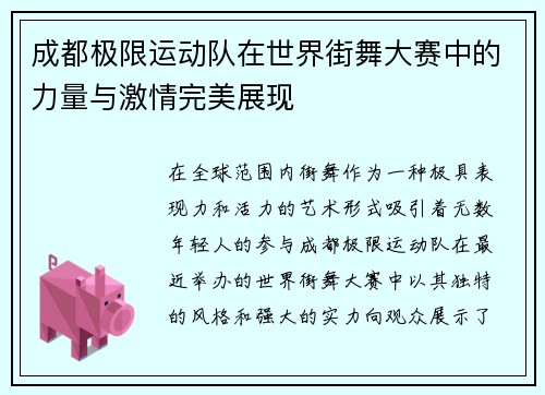 成都极限运动队在世界街舞大赛中的力量与激情完美展现